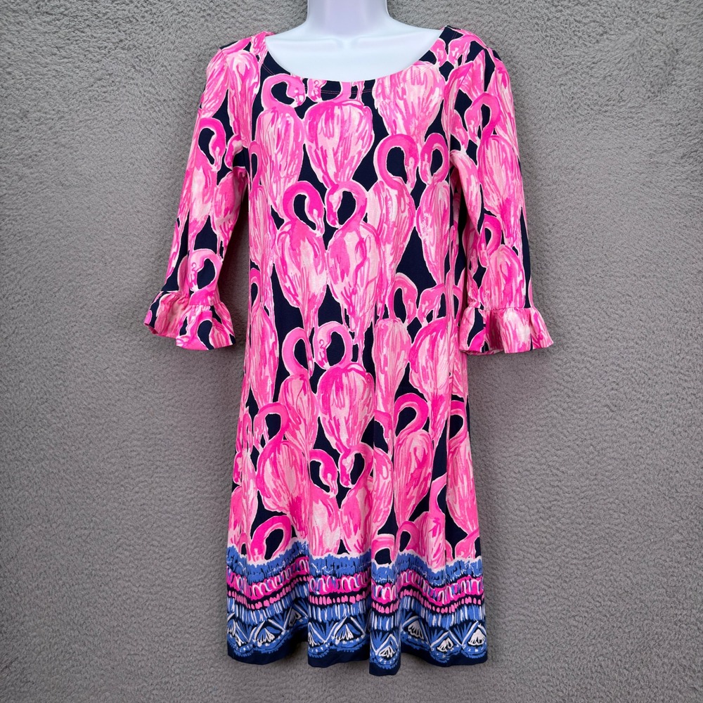 Lilly Pulitzer Dress Women S Pink Navy Blue Hollee Flamingo Ruffle Beach Coastal